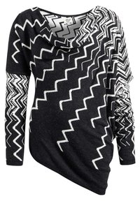 Czarny sweter z białymi wzorami w zygzak, długie rękawy, dekolt w serek oraz asymetryczny krój dołu.