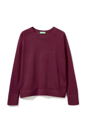 Pullover bordeaux in tessuto a maglia testurizzata, con collo a giro, maniche lunghe e orlo dritto con polsini a coste.