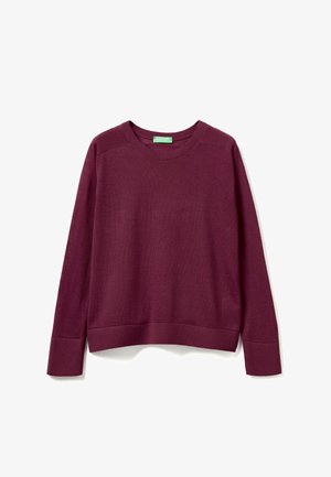 Suéter de pullover burdeos, confeccionado en tejido de punto texturizado, con cuello redondo, mangas largas y dobladillo recto con puños acanalados.