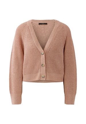 Cardigan en maille marron clair court avec col en V et trois boutons sur le devant, manches longues, poignets et ourlet côtelés.