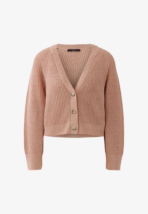 Light brown cropped knit cardigan with V-neck and three buttons down the front, long sleeves, and ribbed cuffs and hem.