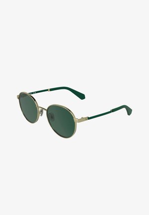 Lunettes de soleil rondes avec montures en métal doré, verres vert foncé et branches vert foncé aux extrémités courbées.