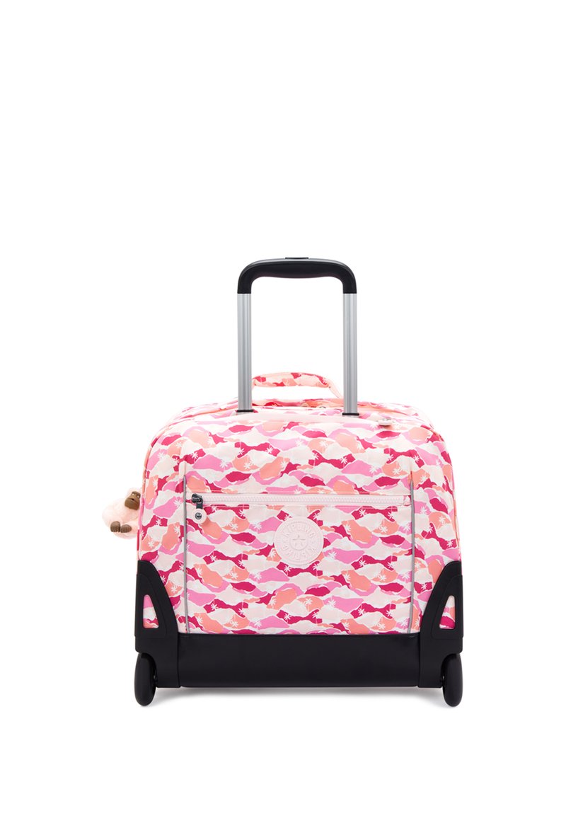 Rosa resväska med ett vågmönster i nyanser av rosa och vitt. Har en svart botten, ett utdragbart handtag och en framficka.