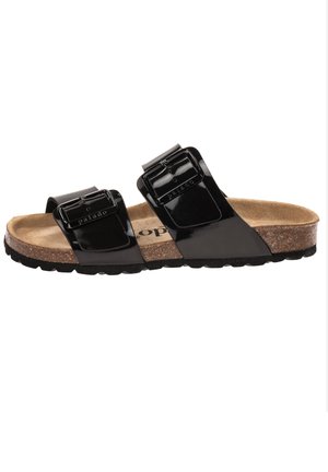 Black patent leather slide sandals with two adjustable buckle straps, cork footbed, and a textured rubber sole.