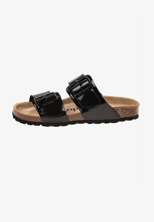 Black patent leather slide sandals with two adjustable buckle straps, cork footbed, and a textured rubber sole.