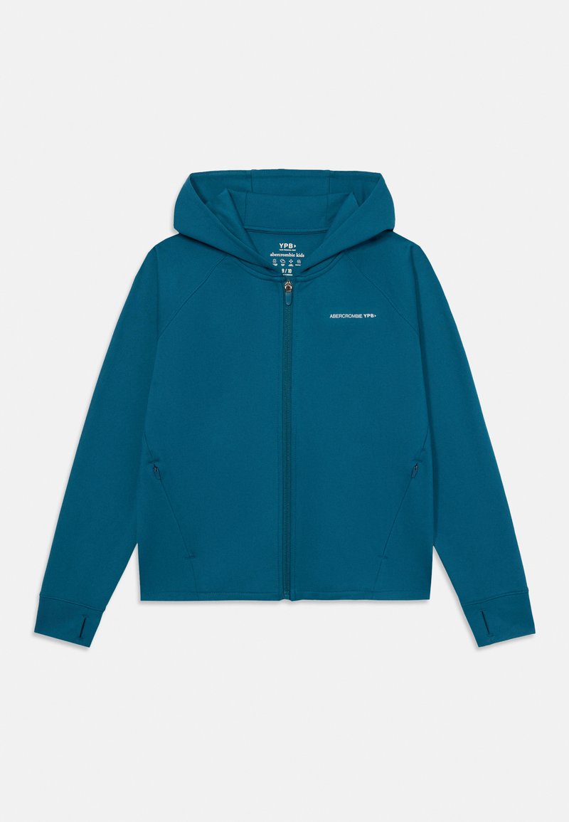 Teal hooded sweatshirt with a full zip, raglan sleeves, two side pockets, ribbed cuffs, and subtle front branding. Smooth fabric texture.