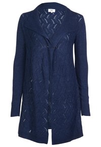 Navy blue knitted cardigan with a wave pattern, open front, long sleeves, and a large collar. Features a fastening pin at the center.