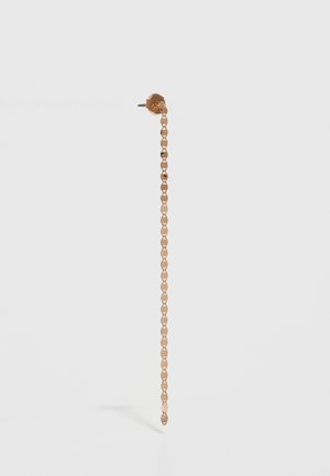 Gold-tone earrings with a chain design, featuring linked oval and round shapes, suspended from a stud backing. Smooth surface texture.