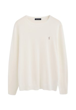 Kremowy sweter z długim rękawem, z okrągłym dekoltem, prążkowanymi ściągaczami na mankietach i u dołu oraz małym haftowanym logo gracza polo na lewej piersi.