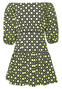 Schwarzes Kleid mit einem geometrischen Muster aus großen gelb-grünen Kreisen, Puffärmeln und gesammelter Taille, mit einem ausgestellten Rock.