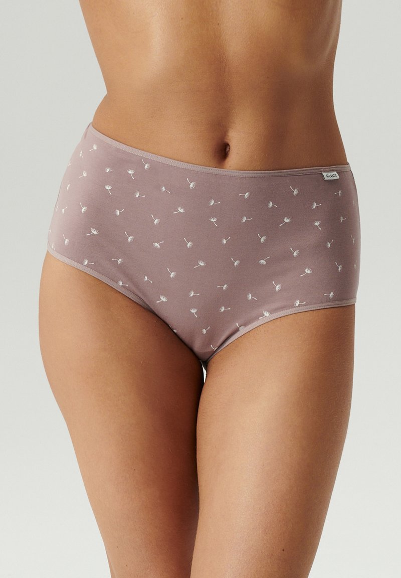Wysokiej talii bielizna w jasnym mauve z białymi kwiatowymi wzorami. Miękka tkanina z elastycznym pasem i gładką fakturą.