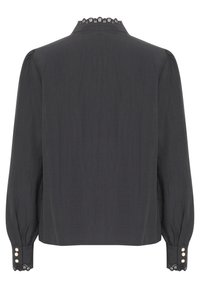 Dunkelgraue Bluse mit langen Ärmeln, Spitzenbesatz am Kragen und Knopfakzenten an den Manschetten für zusätzliche Details. Glatte Stofftextur.