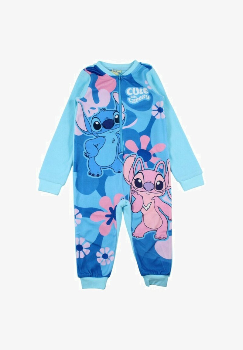 Grenouillère bleue présentant deux personnages dessinés avec des expressions ludiques, des motifs floraux et une fermeture éclair. Tissu doux avec manches longues.