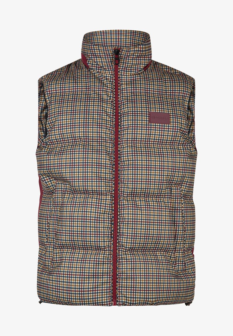 Gepolsterte ärmellose Weste mit mehrfarbigem kariertem Muster, Frontreißverschluss und hohem Kragen, mit einem roten Markenpatch auf der Brust.