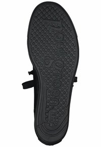 Zwarte sandaalzool van rubber met een getextureerd oppervlak, voorzien van ronde patronen en het reliëf merknaam "Paul Green." Twee verstelbare banden.