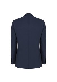 Granatowa męska marynarka pokazana z tyłu, z długimi rękawami, szwem centralnym oraz detalami guzików przy mankietach.