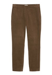 Bruine cords met een recht broekdesign, voorzien van zijzakken en een gladde textuur. De tailleband is ontworpen voor comfort.