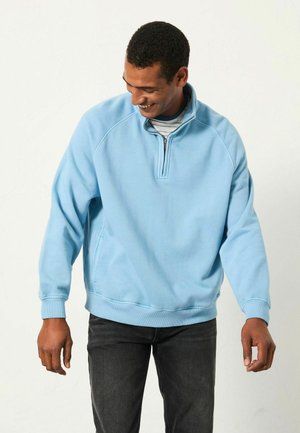Light blue, long-sleeve pullover with a zip neck, ribbed cuffs, and side pockets. Made of soft, textured fabric, featuring a relaxed fit.