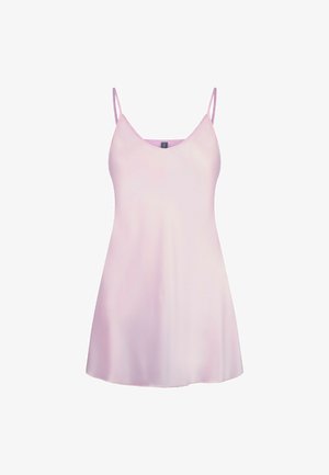 Roze satijnen slipdress met een zachte textuur, voorzien van dunne verstelbare bandjes en een V-halslijn, ontworpen voor een ontspannen pasvorm.