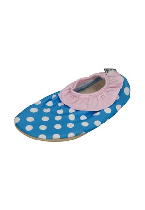 Blue water shoe with white polka dots and a pink elastic collar, designed for a snug fit and soft sole.