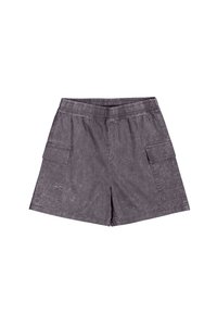 Graue Cargo-Shorts aus strapazierfähigem Material mit einem elastischen Bund, zwei Seitentaschen und einer strukturierten, abgetragenen Optik.