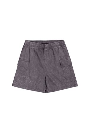 Pantaloni cargo grigi realizzati in tessuto resistente, con vita elasticizzata, due tasche laterali e un aspetto testurizzato e consumato.