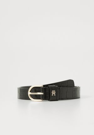 Black leather belt with a crocodile texture, featuring a gold-tone metal buckle and a branded accent on the keeper loop.