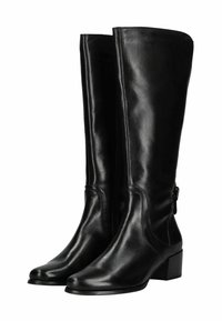Botas de cuero negras hasta la rodilla con un acabado suave, punta redonda y tacón grueso; cuentan con un zipper lateral y un detalle de hebilla.