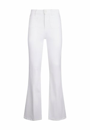 White high-waist pants with front button, zipper closure, two front pockets, and flared legs.