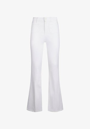 White high-waist pants with front button, zipper closure, two front pockets, and flared legs.