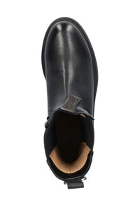 Zwarte leren enkelboot met een ronde neus, gestructureerde bovenkant, uitneembare inlegzool en een decoratieve lus aan de achterkant voor gemakkelijk aan- en uittrekken.