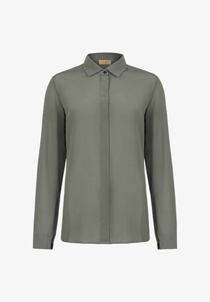 Olivenfarvet skjorte med lange ærmer lavet af glat stof, der har en klassisk krave, frontknaplukning og skræddersyet pasform med kontrasterende manchetter.