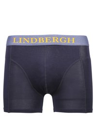 Boxer briefs blu navy con tessuto morbido, vestibilità supportiva, presentano un cinturino azzurro con la scritta "LINDGREN" in lettere gialle.