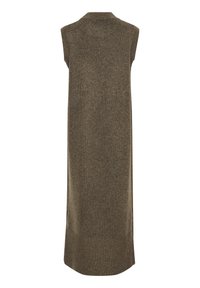 Robe en maille sans manches, de couleur marron terre, avec un col et une texture côtelée, dotée de fentes sur les côtés pour le mouvement.