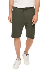 Olivgrüne Sweat-Shorts aus weichem Baumwollmix, mit elastischem Bund und Kordelzug sowie Seitentaschen. Einfaches, sportliches Design.