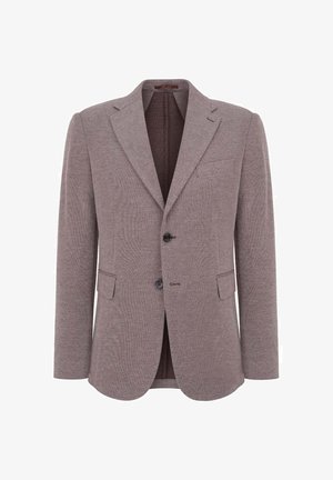 Szary żakiet wykonany z teksturowanej tkaniny, z klapami o prostokątnym kroju, dwoma guzikami i dwiema przednimi kieszeniami. Prosty, nowoczesny design.
