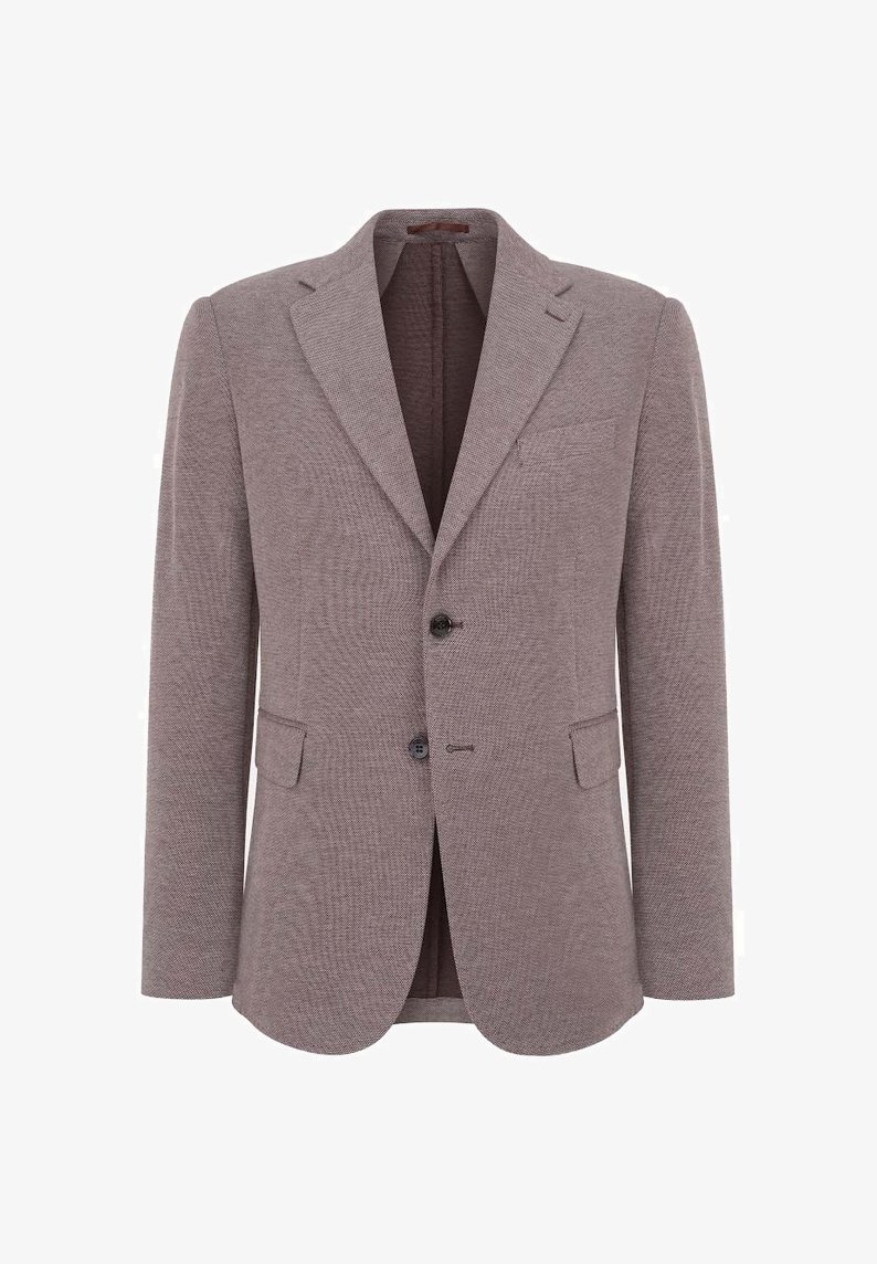 Szary żakiet wykonany z teksturowanej tkaniny, z klapami o prostokątnym kroju, dwoma guzikami i dwiema przednimi kieszeniami. Prosty, nowoczesny design.