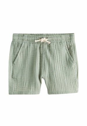 Lysegrønne snøre-bukser lavet af struktureret stof med lodrette striber; har to sidelommer. Justerbar talje.