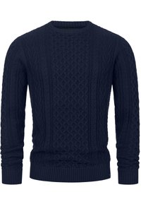 Navy blue knitted sweater featuring a textured cable design, ribbed crew neck, and cuffs, with a soft fabric finish.