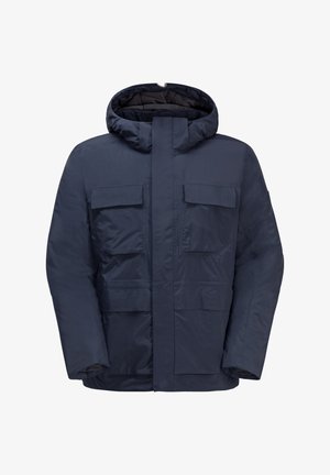 Giacca isolante blu navy con cappuccio, dotata di doppie tasche sul petto e chiusura frontale. Realizzata in tessuto liscio resistente agli agenti atmosferici.