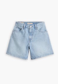Light blue denim shorts with a high waist, five pockets, and a straight cut. Texture is smooth with a slightly faded finish.