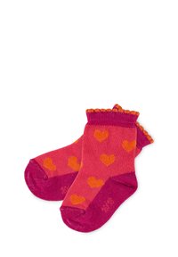 Knielange Socken in Rosa und Lila mit orangenen Herzmustern und gesäumtem oberen Rand. Aus weichem, dehnbarem Strickmaterial gefertigt.