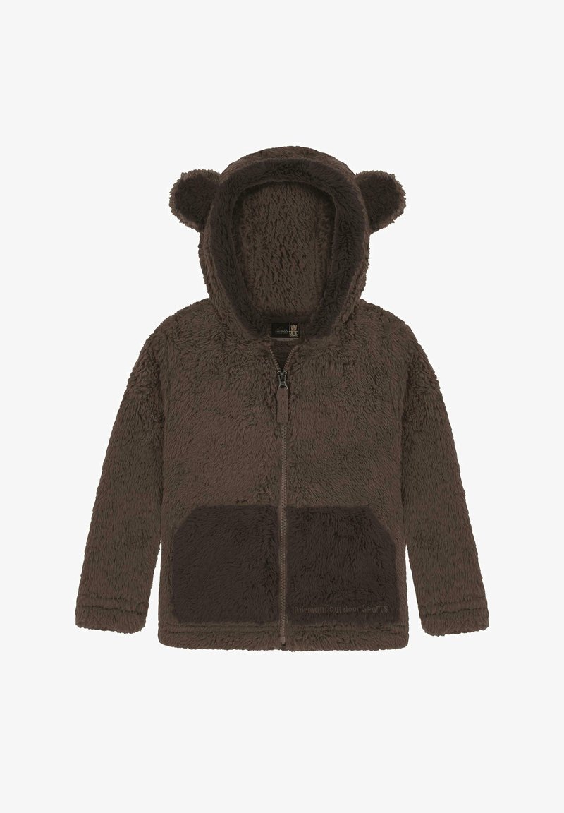 Brauner Fleece-Hoodie mit Bärenohren an der Kapuze. Enthält einen Reißverschluss an der Vorderseite, strukturierten Stoff und eine glatte Taschenapplikation vorne.