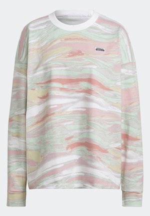 Langärmliges Sweatshirt mit Rundhalsausschnitt in pastellrosa, grün, gelb und weißem Marmor-Muster und kleinem Adidas-Logo auf der Brust.