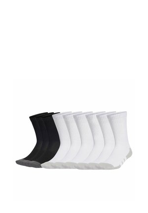 Seven pairs of mid-calf socks, two black pairs with gray toes and heels followed by five white pairs with light gray toes and heels.