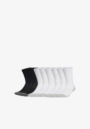 Seven pairs of mid-calf socks, two black pairs with gray toes and heels followed by five white pairs with light gray toes and heels.