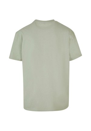 Prosty jasnoszary T-shirt z krótkim rękawem i okrągłym dekoltem, pokazany od tyłu na białym tle.