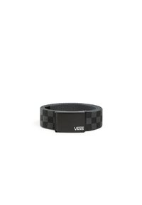 Black checkered fabric belt with a rectangular black metal buckle featuring a white logo. Textured surface, durable material.