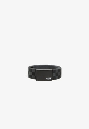 Black checkered fabric belt with a rectangular black metal buckle featuring a white logo. Textured surface, durable material.