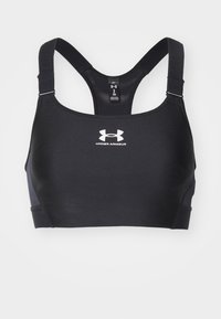 Crna sportska grudnjak s racerback dizajnom, podesivim remenima i bijelim Under Armour logom sprijeda. Glatka tkanina i minimalni šavovi.